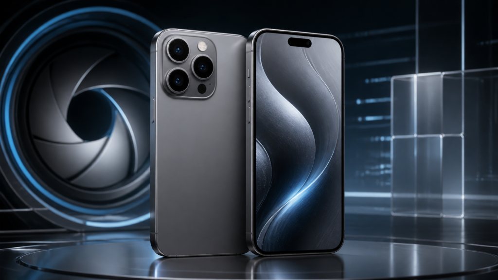 Concept image of an iPhone-style Pro smartphone with camera aperture graphics representing Apple iPhone 18 Pro rumors
