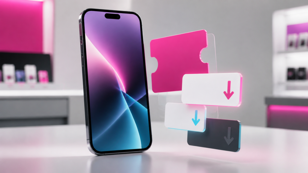 iPhone-style smartphone with magenta promotion cards representing a free iPhone 17 T-Mobile deal